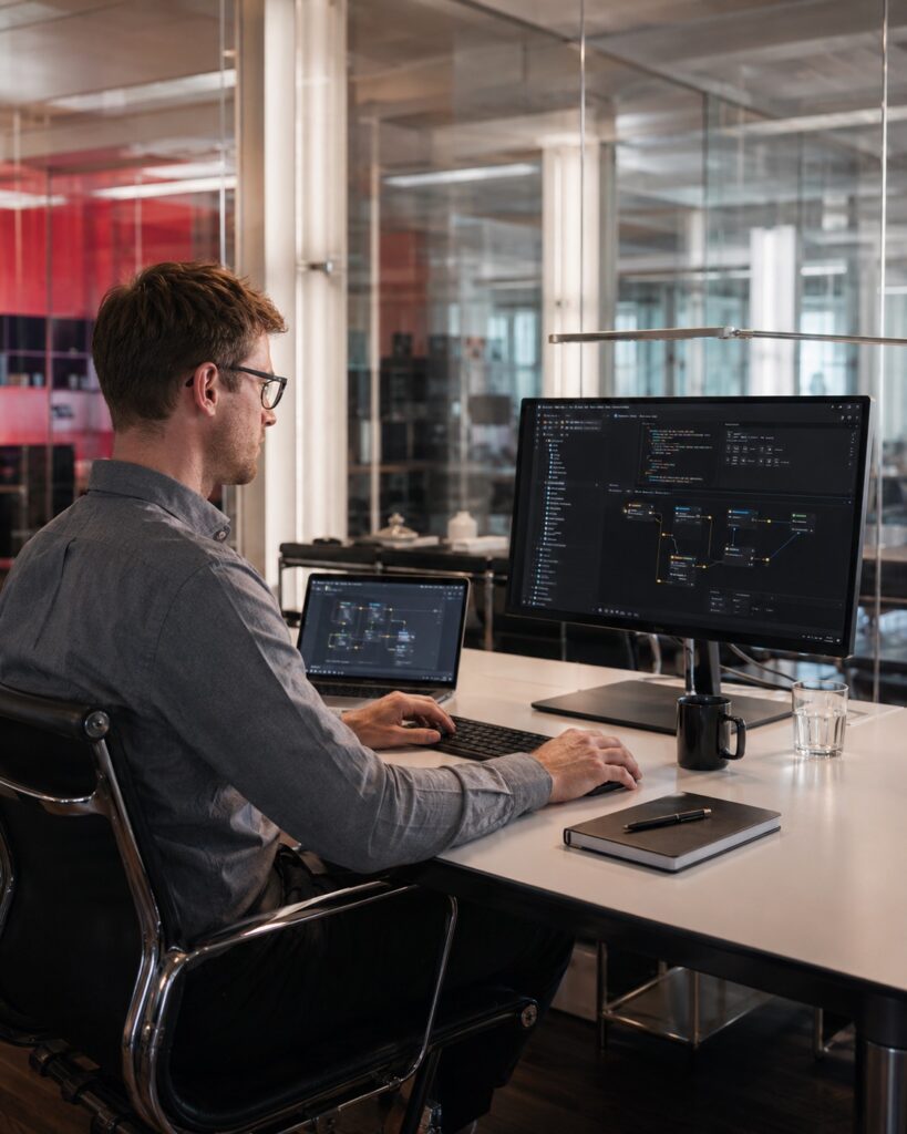 Entwickler am Schreibtisch, auf dem Monitor ein Workflow-Diagramm neben dem Code-Editor