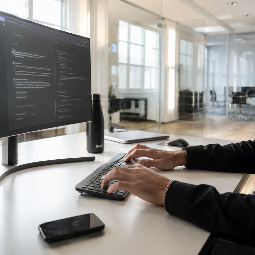 Hände auf einer Tastatur, auf dem Bildschirm ein KI-Assistent neben dem Programmcode