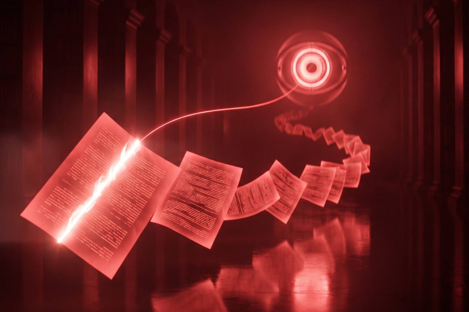 Schwebende Dokumente in einer dunklen Halle; eine hell leuchtende Zeile ist per Lichtfaden mit einem glühenden KI-Kern verbunden